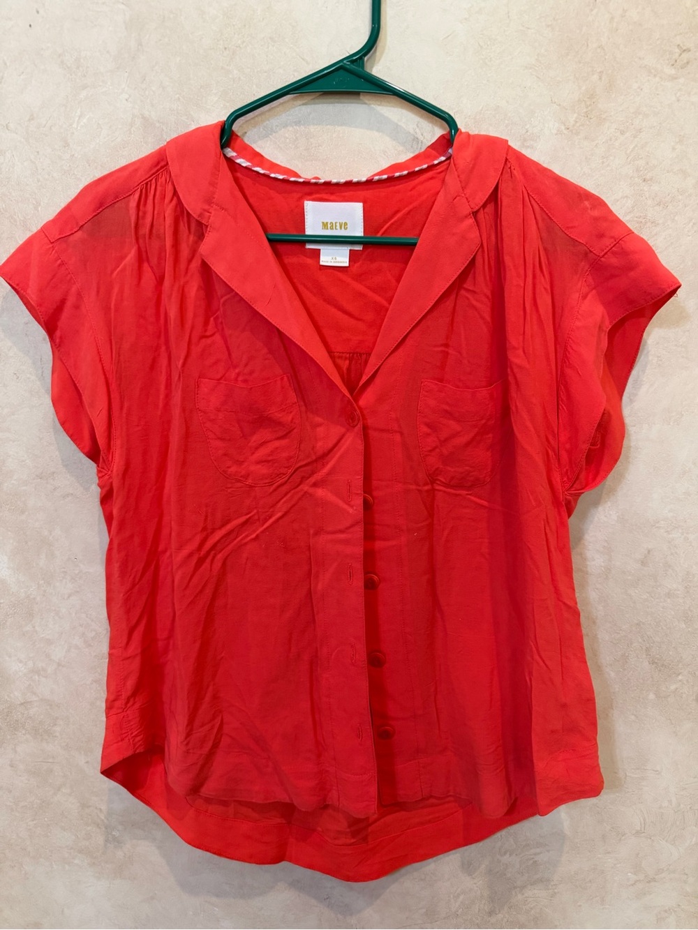 Maeve Red Short-Sleeve Button Front Blouse XS lightweight